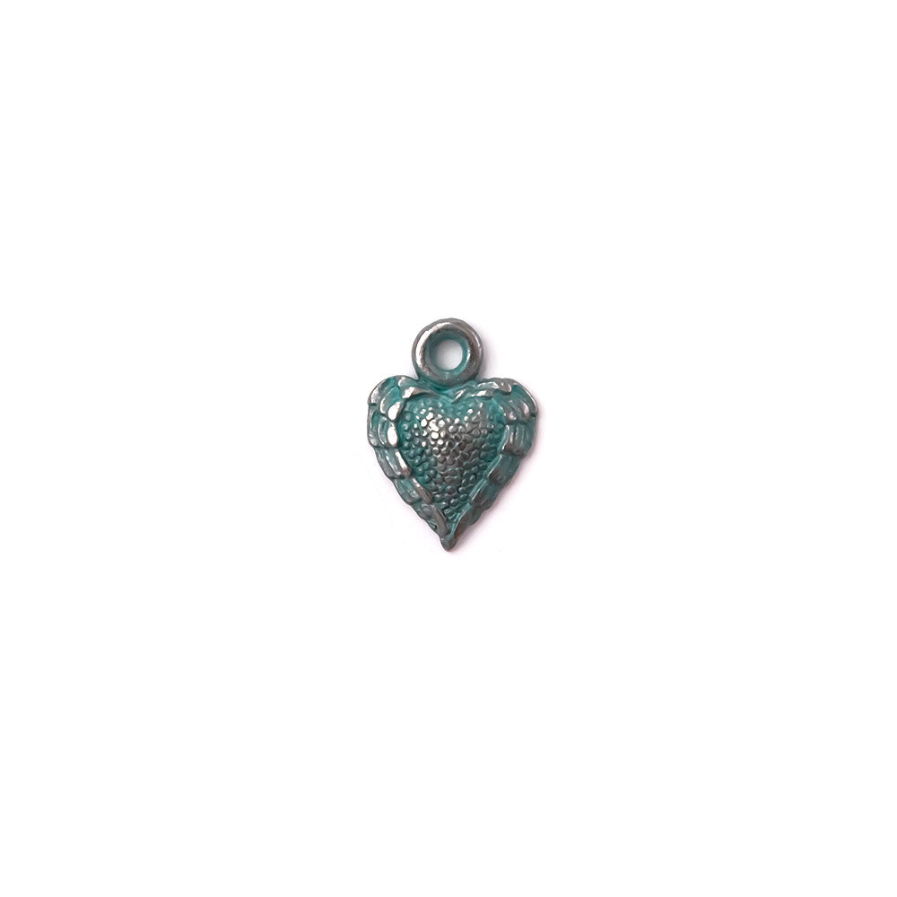 alt="artisan verdigris textured heart charm"