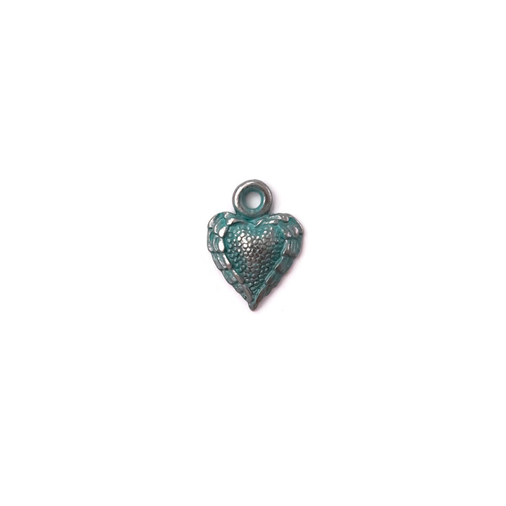 alt="artisan verdigris textured heart charm"