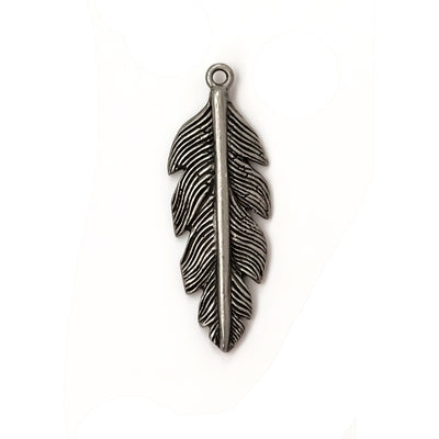 alt="48mm antique pewter feather pendant"