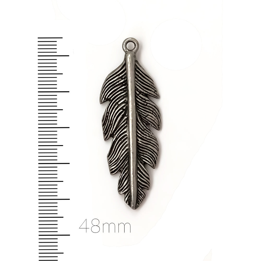 alt="48mm antique pewter feather pendant"