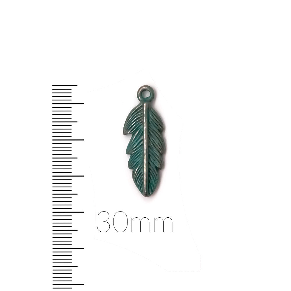 alt="elements of antiquity artisan verdigris 30mm feather charm"