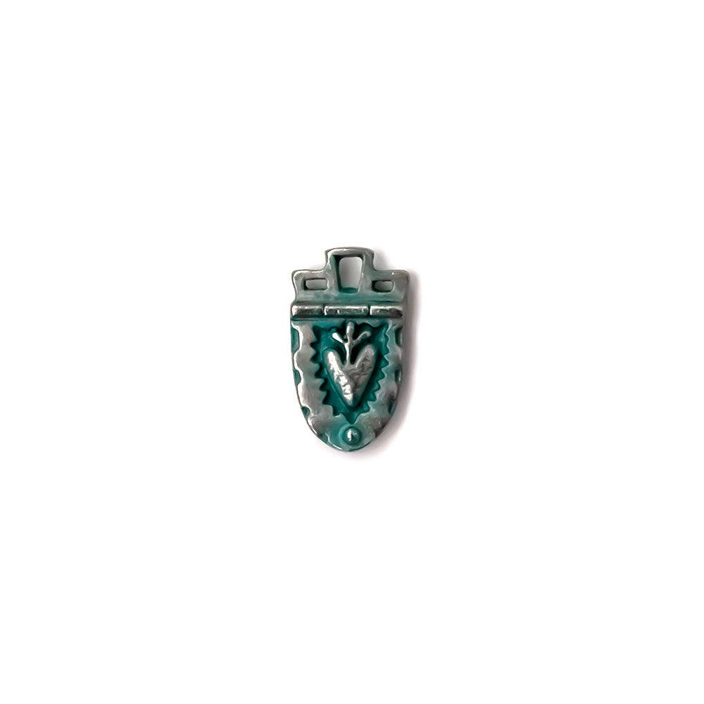 alt="elements of antiquity artisan verdigris heart shield charm"