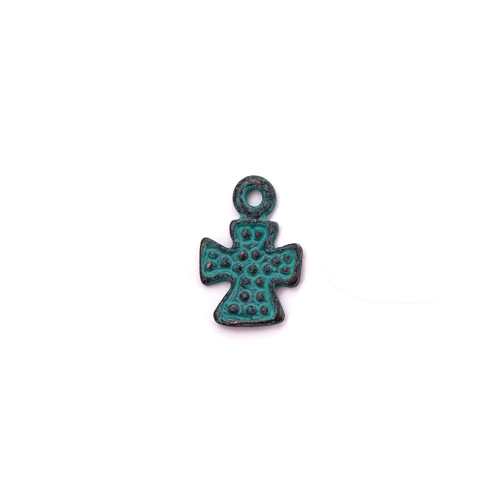 alt="elements of antiquity rustic patina textured cross charm"